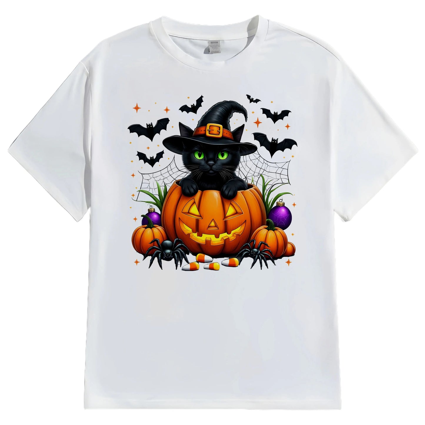 Halloween Themed T Shirt Black Cat Pumpkin Bat Print Casual Wear for Festive Party Events Fashionable Graphic Tee for Men