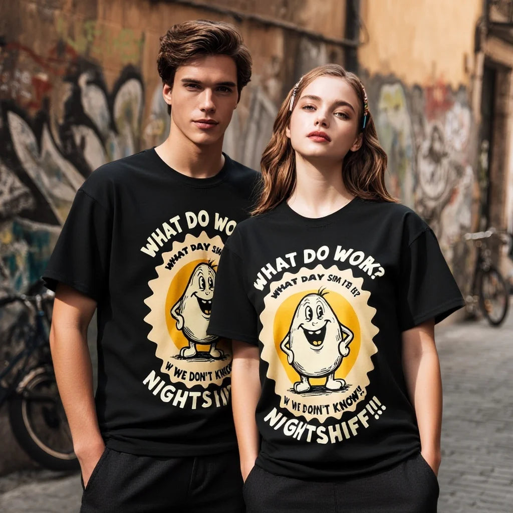 Couples T Shirts Funny Cartoon Character Print What Do Worries Say Until Nightshift Graphic Tee for Casual Daily Wear Trendy Graphic Tee 2025