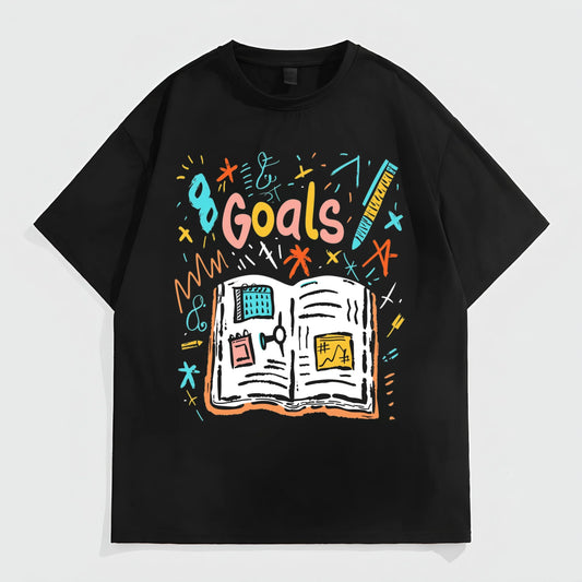 Black Oversized T-Shirt with Colorful Notebook and Goals Print for Casual Wear Trendy Tees For Men