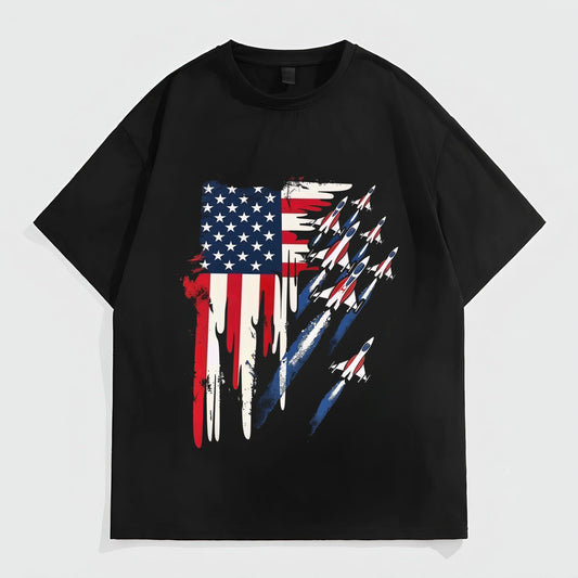 Graphic Tees Boutique Men's Casual T-Shirt Patriotic Flag Design with Jet Pattern for Daily Wear