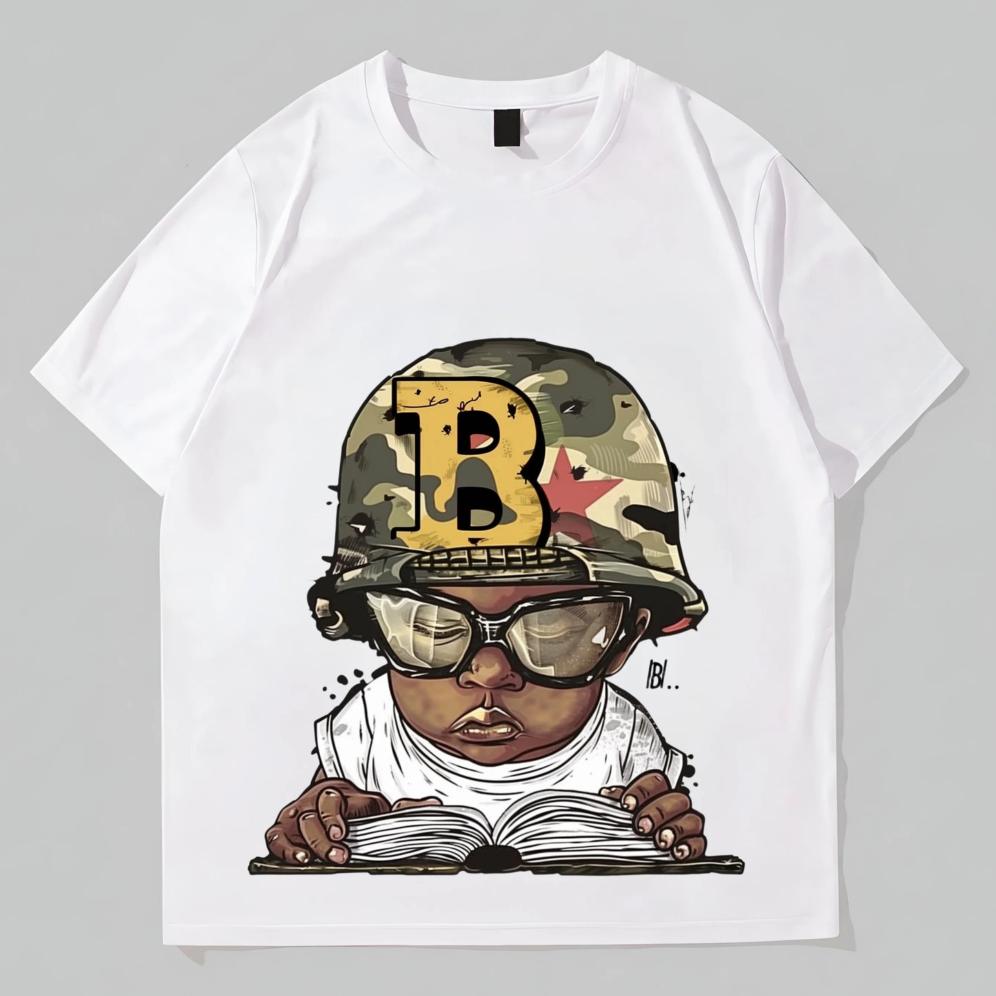 Men's Short Sleeve T-Shirt Camouflage Hat Boy Reading Book Print Casual Daily Wear Top Graphic Fashion Tees For Man