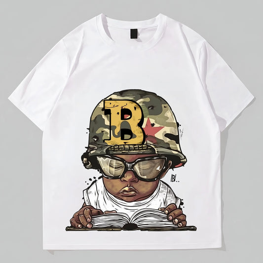 Men's Short Sleeve T-Shirt Camouflage Hat Boy Reading Book Print Casual Daily Wear Top Graphic Fashion Tees For Man