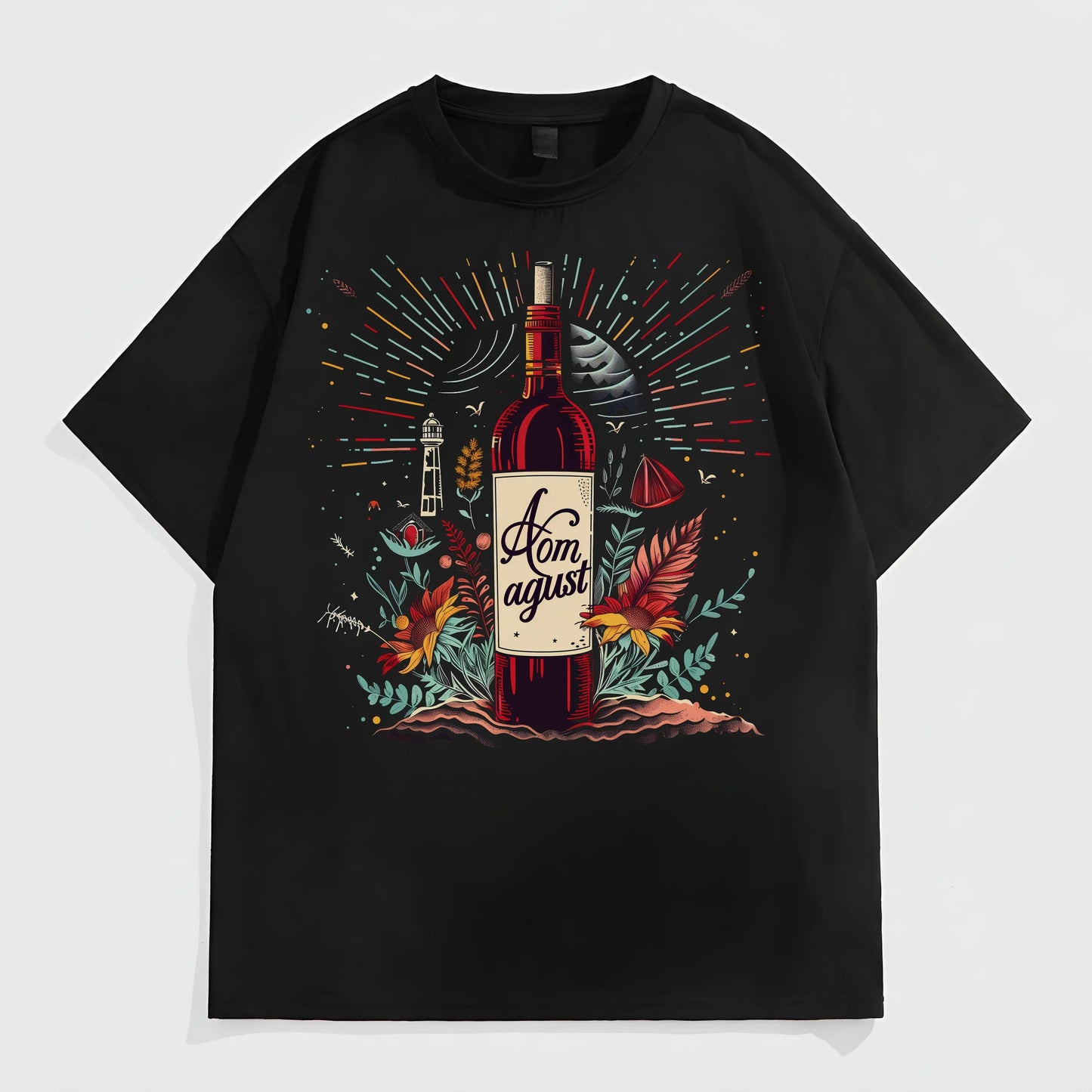 Black Oversized T-Shirt with Wine Bottle Floral Art Print for Casual Wear Trendy Tees For Men