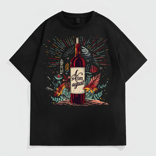 Black Oversized T-Shirt with Wine Bottle Floral Art Print for Casual Wear Trendy Tees For Men