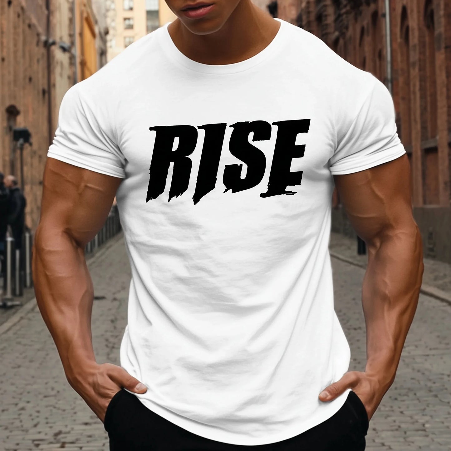 Trendy T-shirt For Man Short Sleeve T-Shirt Bold RISE Print Casual Streetwear Fitness Gym Wear