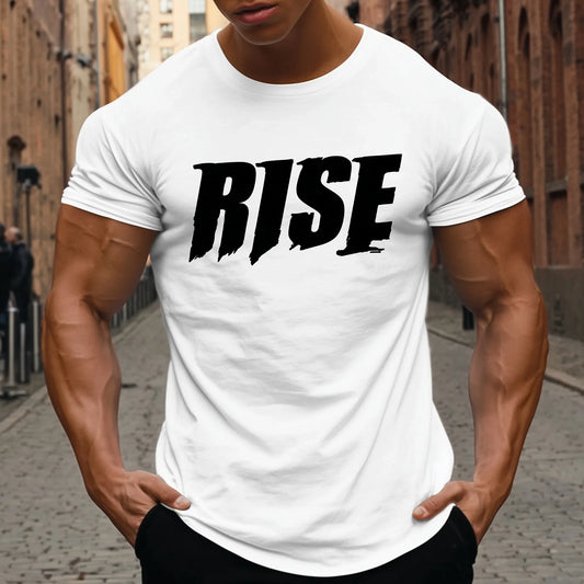 Trendy T-shirt For Man Short Sleeve T-Shirt Bold RISE Print Casual Streetwear Fitness Gym Wear