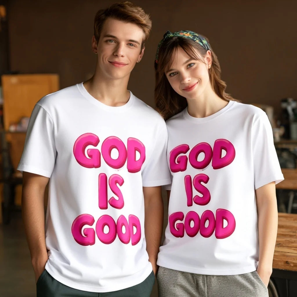 Couples T Shirts Pink 3D Text GOOD IS GOOD Print Casual Wear for Daily Life and Outdoor Activities Unisex Design Top Trendy Graphic Tee 2025