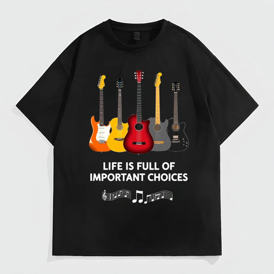 Black Short Sleeve T-Shirt with Guitar Print and Inspirational Quote for Daily Wear Trendy Tees Trends