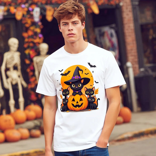 White T Shirt with Halloween Cat and Pumpkin Print for Festive Party Wear Fashionable Graphic Tee for Men