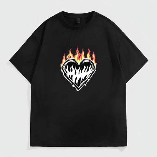 Trendy T-Shirt For Man Black Short Sleeve T-Shirt with Flame Heart Print for Casual Wear