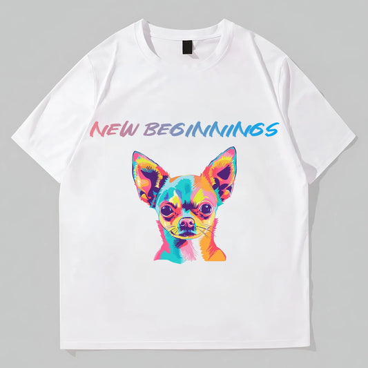 Round Neck T-Shirt Colorful Dog Print with NEW BEGINNINGS Text Casual Wear for Daily Use Trendy Tees For Men