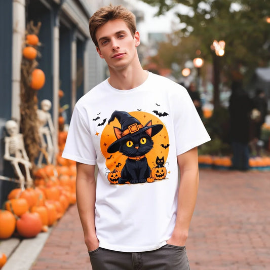 Cute Cat Halloween T Shirt with Pumpkin and Bat Print for Festive Party Wear Fashionable Graphic Tee for Men