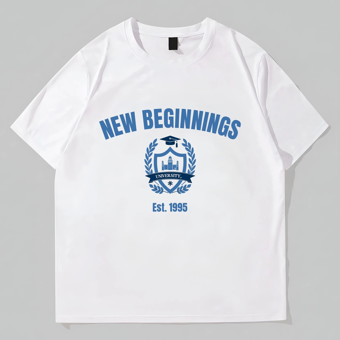 Round Neck T-Shirt New Beginnings Emblem Design for School Events Trendy Tees For Men