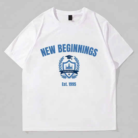 Round Neck T-Shirt New Beginnings Emblem Design for School Events Trendy Tees For Men