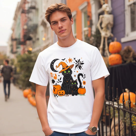Halloween T Shirt Black Cat Pumpkin Moon Print Casual Tee for Party Festival Decorations Men's Cotton Top Autumn Wear Fashionable Graphic Tee for Men