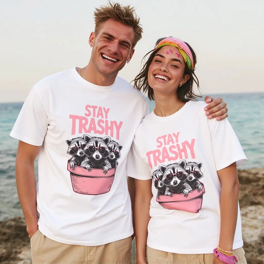 Couples T Shirts Cute Raccoon Bucket Print Stay Trashy Text Casual Beachwear for Men and Women Summer Vacation Outfits Trendy Graphic Tee 2025