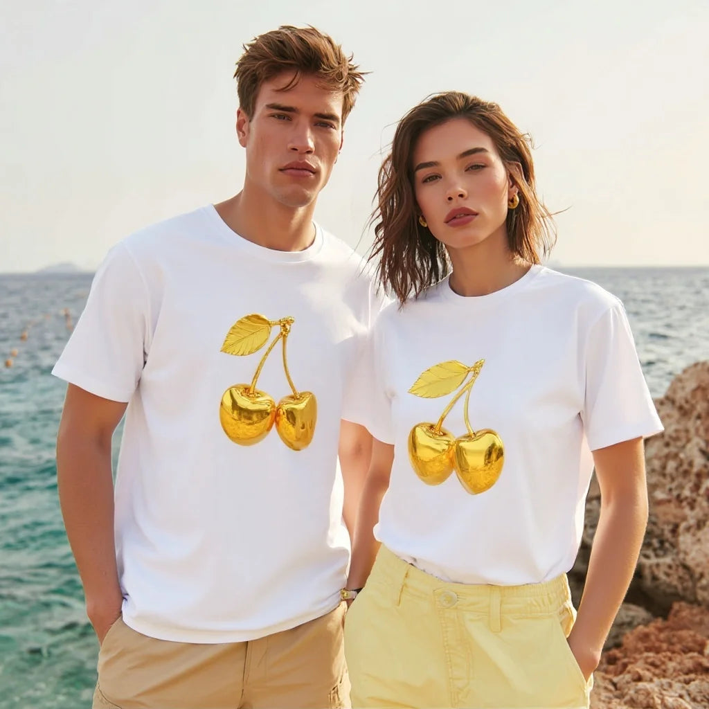 Crew Neck T Shirt Gold Cherry Print Casual Beachwear for Couples Graphic Tee For Summer 2025