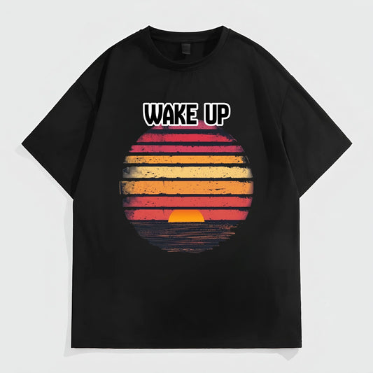 Men's Casual T-Shirt Retro Sunset Stripes Print WAKE UP Text Design for Daily Wear Outdoor Activities Summer Fashion Top Trendy Tees For Men