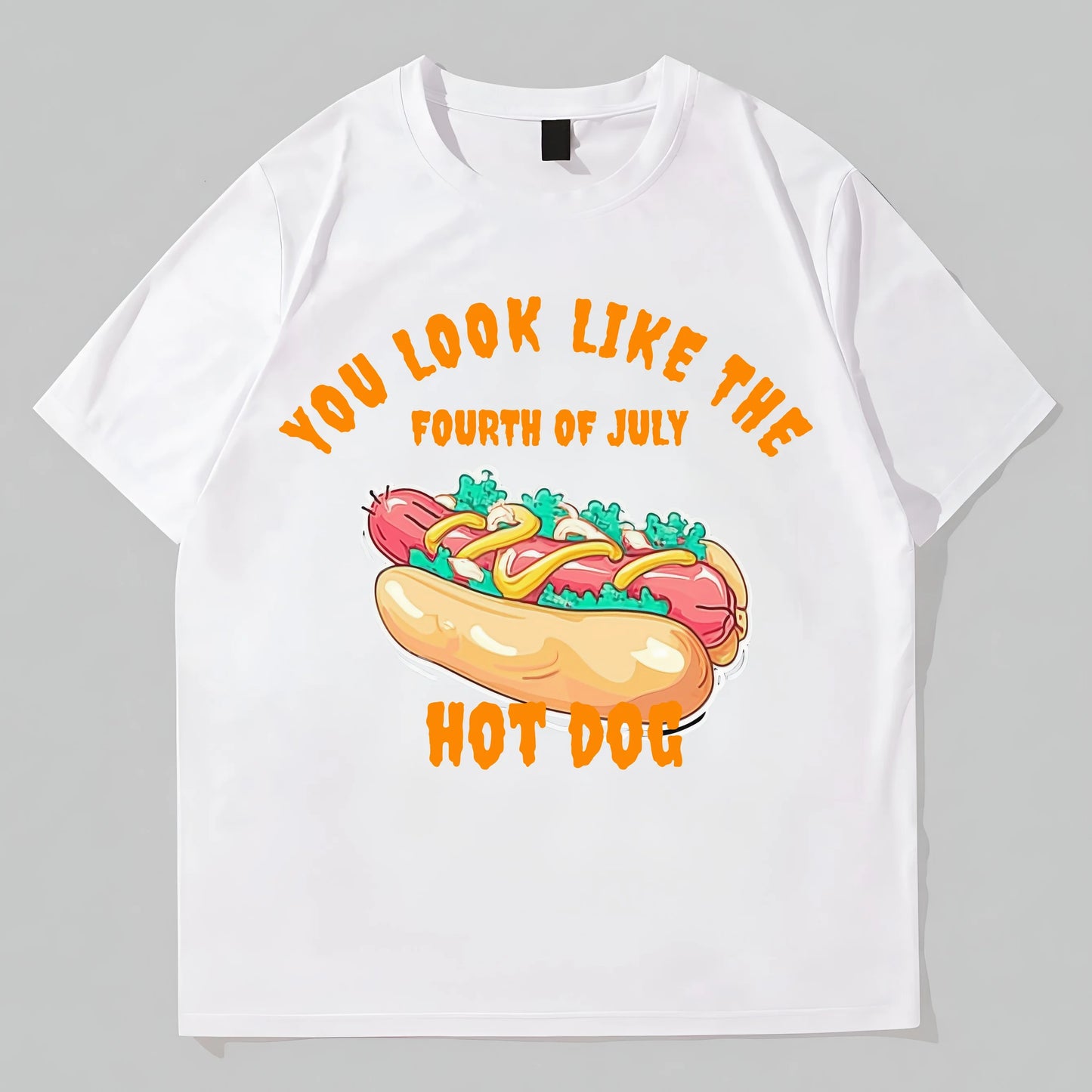Fashion Tees For Summer White T-Shirt with Hot Dog and July 4th Design for Casual Wear
