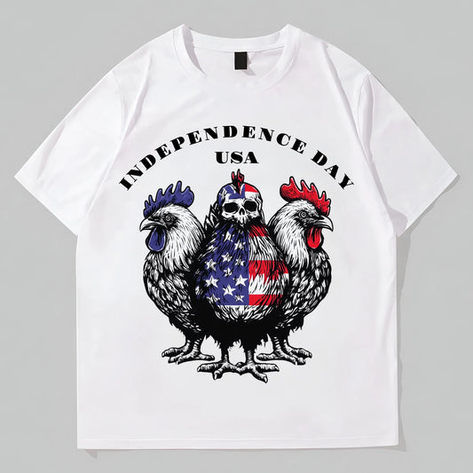 Fashion Tees For Summer White T-Shirt with Rooster and Flag Print for Independence Day Celebrations