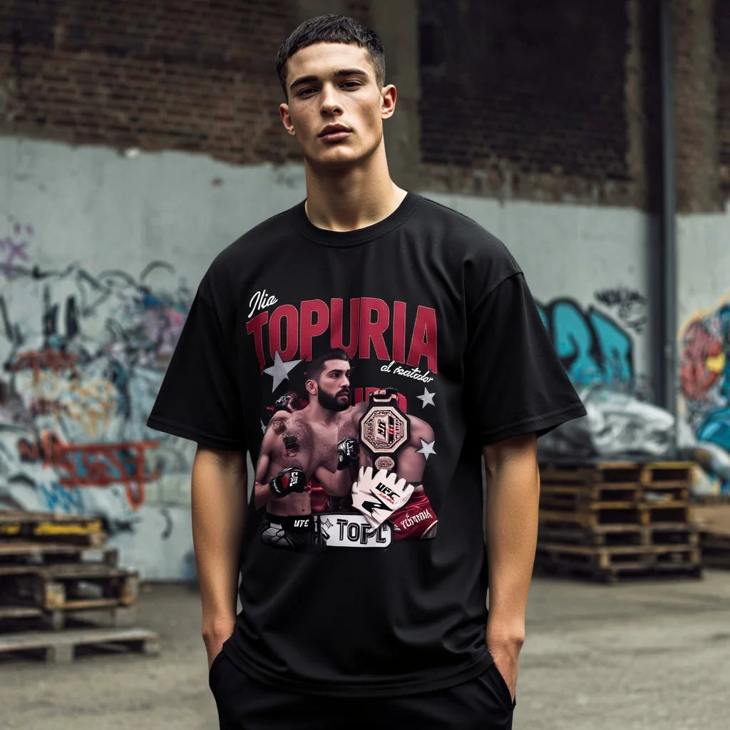 Men's Casual T Shirt with Fighter Graphic and Text Print for Sports Fans Fashionable Graphic Tee for Men