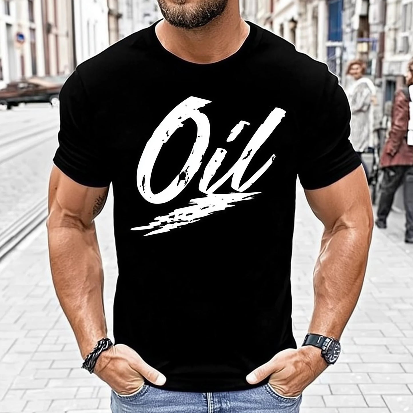 Trendy Tees For Man Casual T-Shirt Oil Text Design Daily Wear Street Style Top