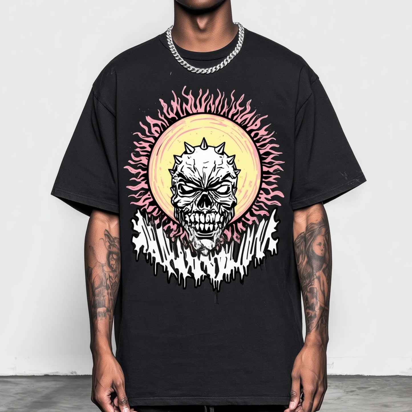 Trendy Tees For Man Short Sleeve T-Shirt Skull Flame Print Casual Streetwear Daily Wear