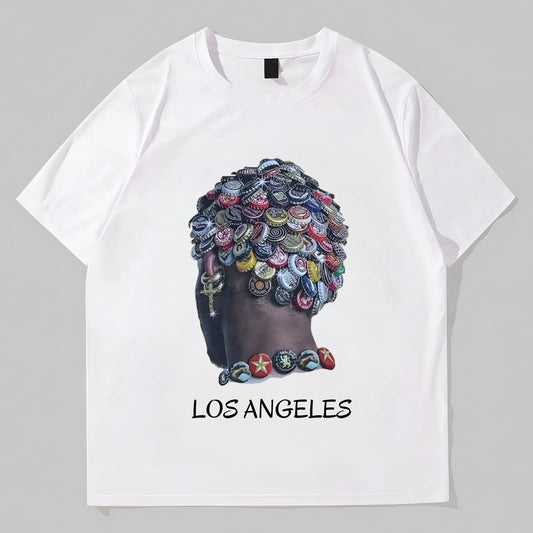 Men's Short Sleeve T-Shirt with Colorful Button Art and LOS ANGELES Text for Casual Wear Graphic Fashion Tees For Man