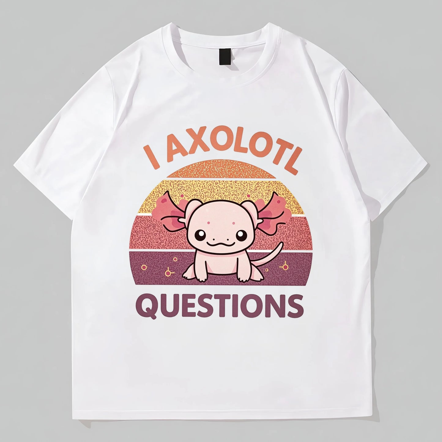 Cute Round Neck T-Shirt Axolotl Sunset Design with I Axolotl Questions Text for Casual Wear Fashion Tees For Summer