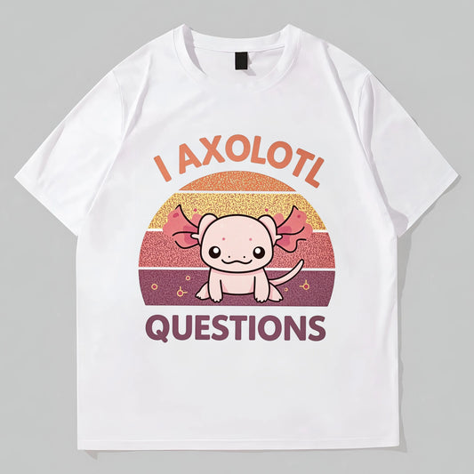 Cute Round Neck T-Shirt Axolotl Sunset Design with I Axolotl Questions Text for Casual Wear Fashion Tees For Summer