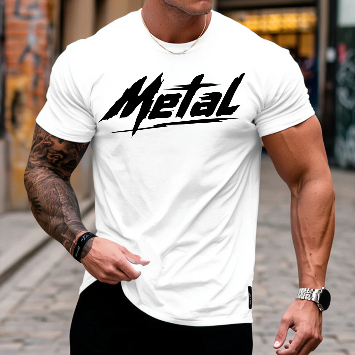 Trendy Tees For Man Short Sleeve T-Shirt Abstract Graphic Print Metal Design for Casual Wear