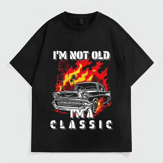 Fashion Tees for Summer Men's Short Sleeve T-Shirt Classic Car Flame Print I'M NOT OLD I'M A CLASSIC Graphic Tee for Casual Wear