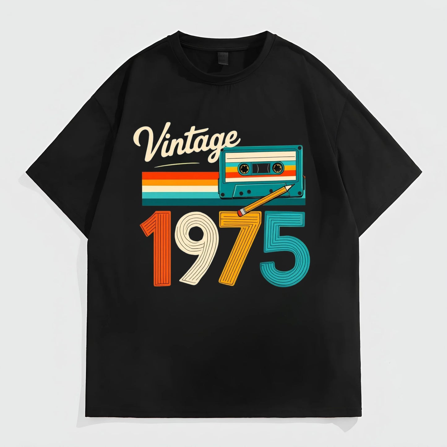 Vintage Style T-Shirt with Retro Cassette Tape and 1975 Print for Casual Wear Graphic Tees Design
