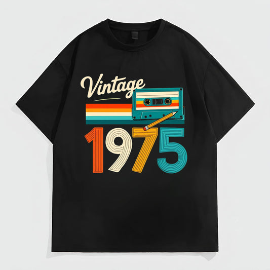Vintage Style T-Shirt with Retro Cassette Tape and 1975 Print for Casual Wear Graphic Tees Design