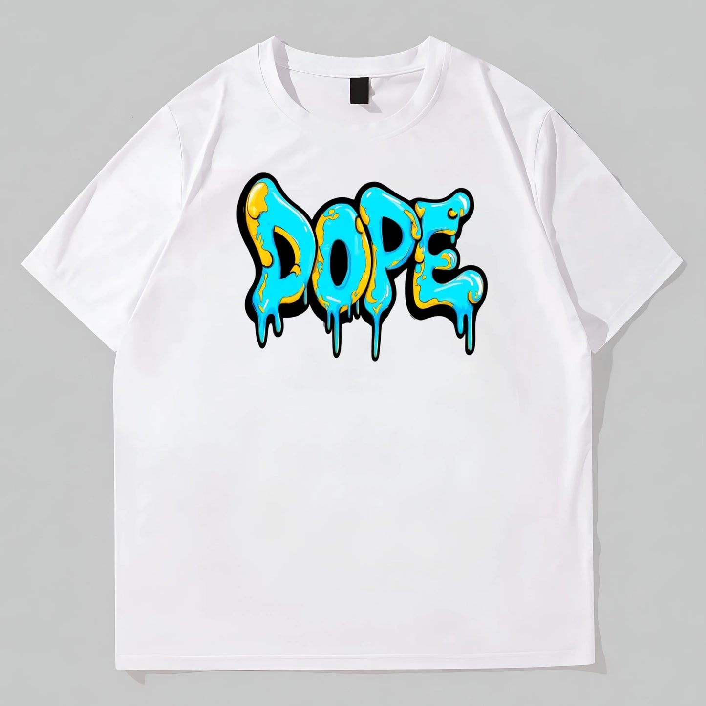 White Round Neck T-Shirt with Colorful Graffiti Style DOPE Print for Casual Wear Graphic Tees Design