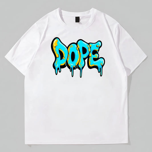 White Round Neck T-Shirt with Colorful Graffiti Style DOPE Print for Casual Wear Graphic Tees Design