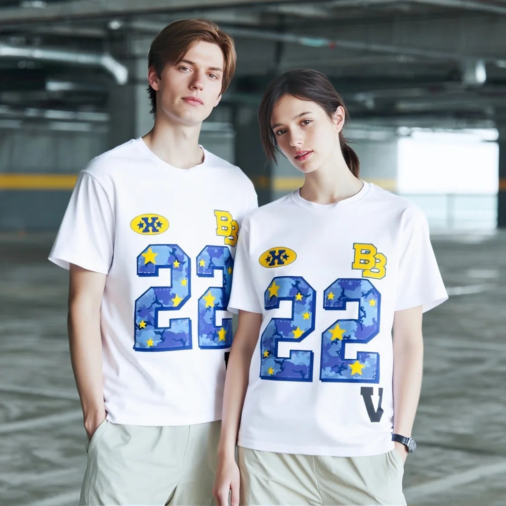 Couples T Shirts Number 22 Star Pattern Casual Wear for Outdoor Activities Graphic Tee For Summer 2025
