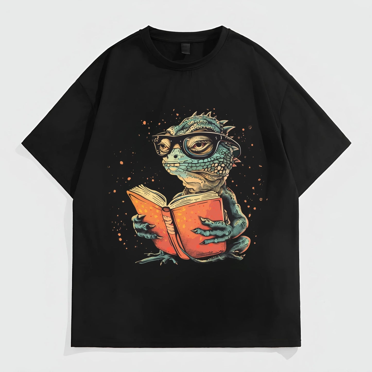 Black Short Sleeve T-Shirt with Reading Dinosaur Print for Casual Wear Trendy Tees For Men