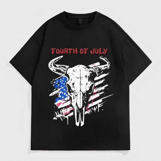 Graphic Tees Boutique Black T-Shirt with Bull Skull and American Flag Print for Independence Day Celebrations