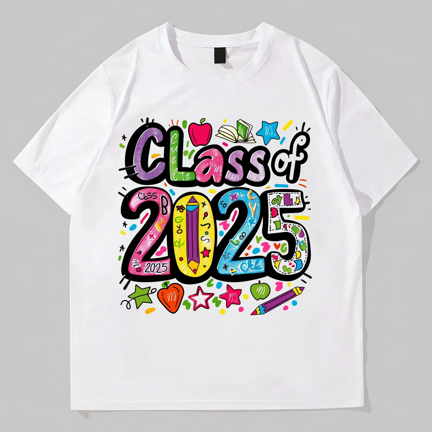 White T-Shirt with Colorful Class of 2025 Print for Graduation Events Trendy Tees For Men