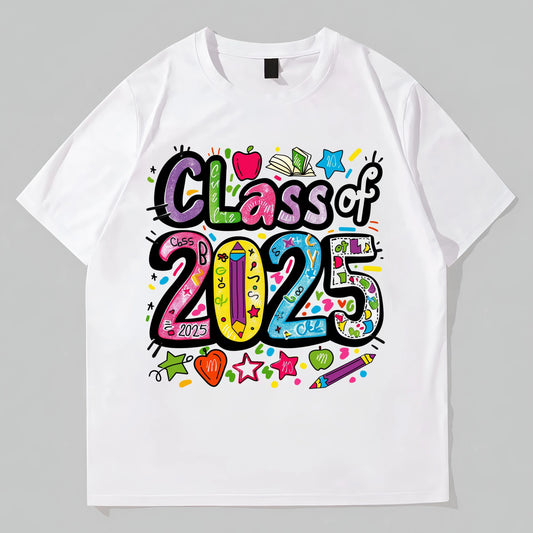 White T-Shirt with Colorful Class of 2025 Print for Graduation Events Trendy Tees For Men