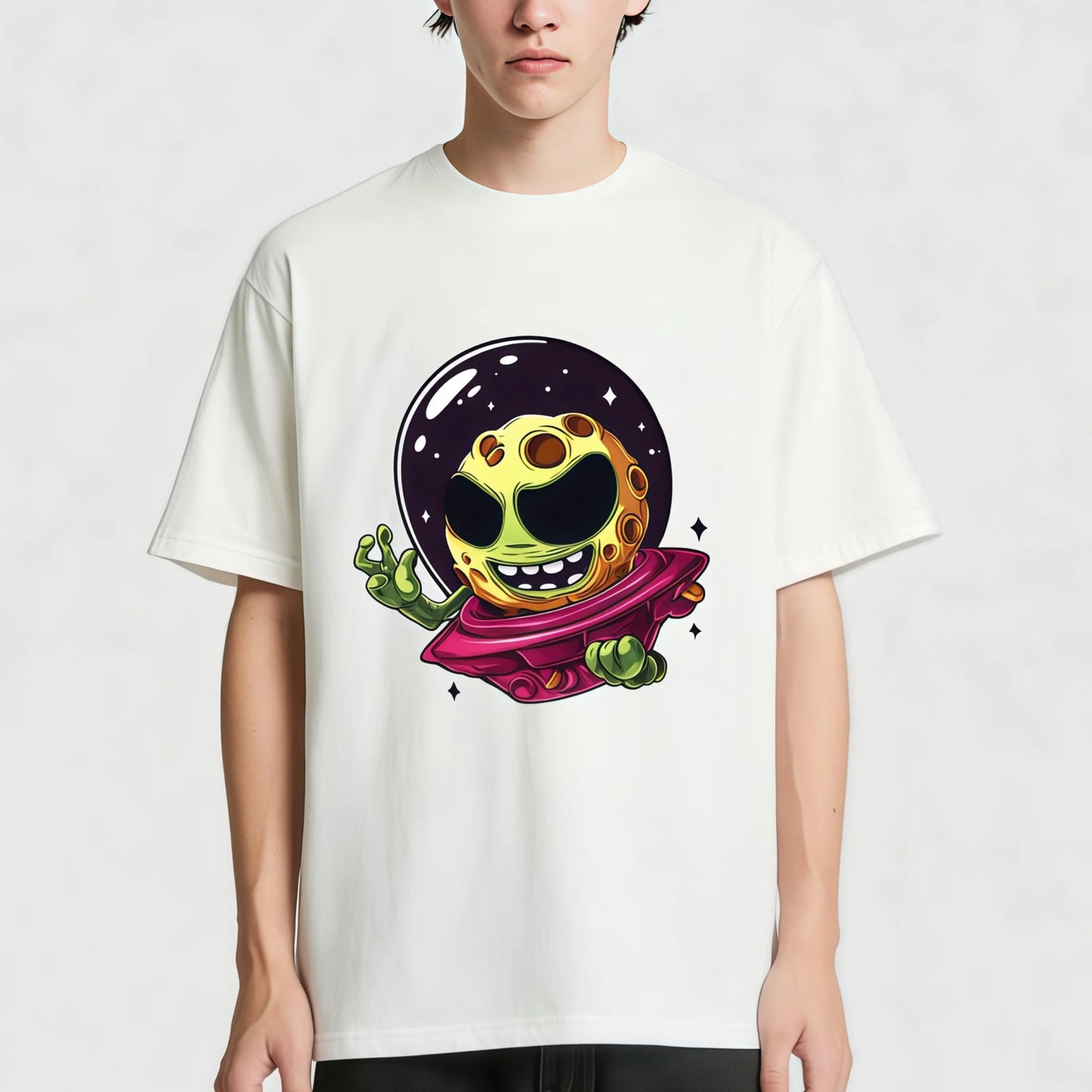 Pod Graphic Tees White T-Shirt with Astronaut Pumpkin Print for Casual Wear