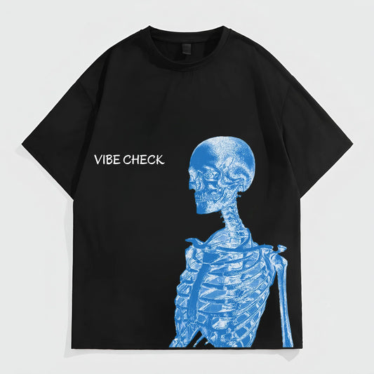 Men's Casual T-Shirt Blue Skeleton Print VIBE CHECK Text Design for Daily Wear and Street Style Fashion Fashion Tees For Summer