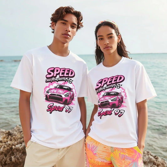 Causal T Shirt with Car Racing Graphic and Text for Beachwear Graphic Tee For Summer 2025