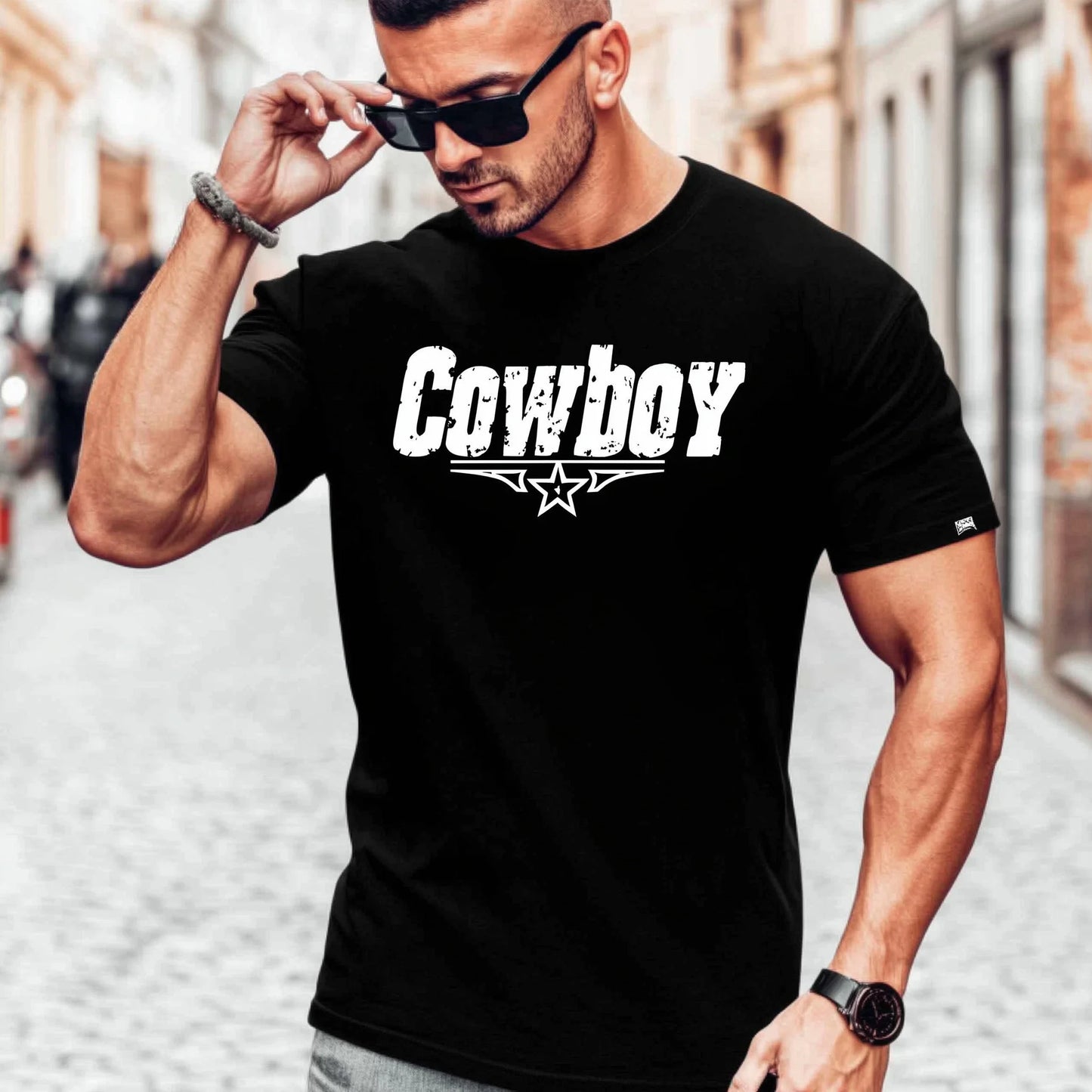 Trendy T-shirt For Man Casual T-Shirt Cowboy Text and Star Graphic Print for Daily Wear