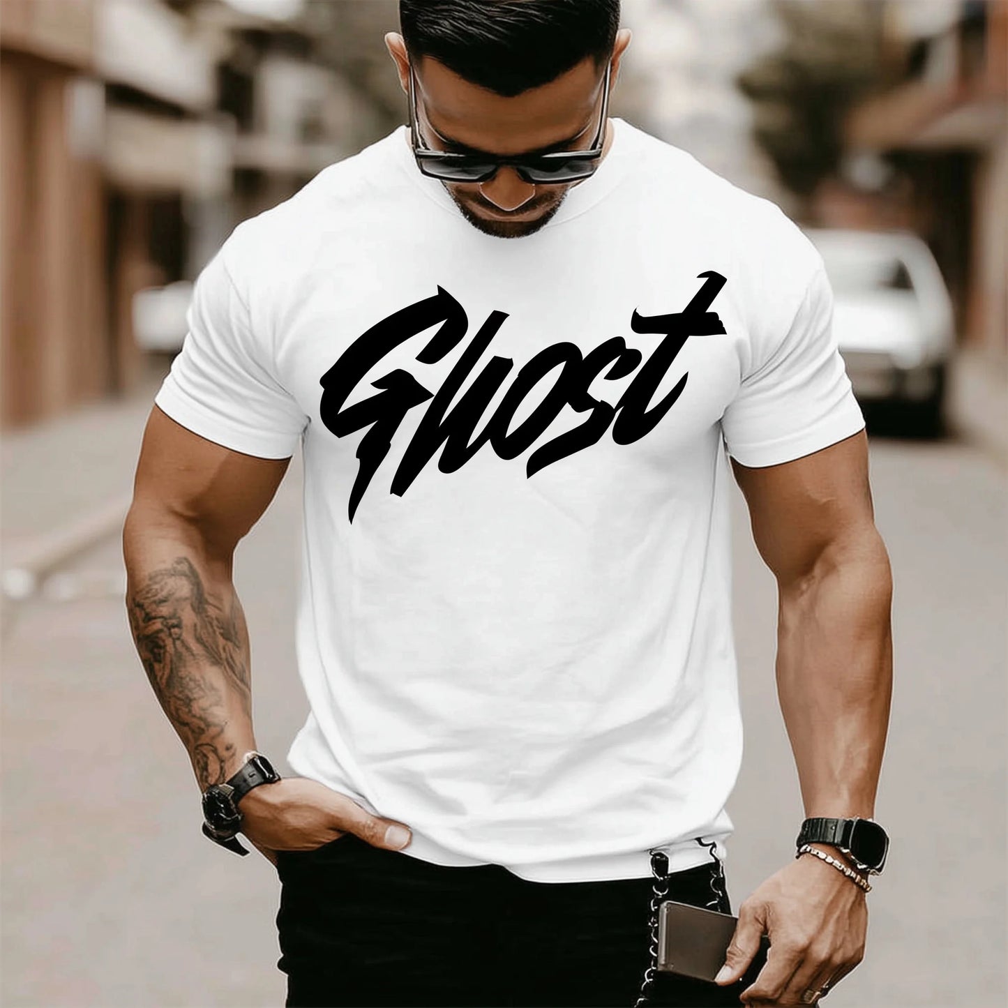 Trendy Tees For Man Short Sleeve T-Shirt Casual Ghost Letter Print Streetwear Daily Wear