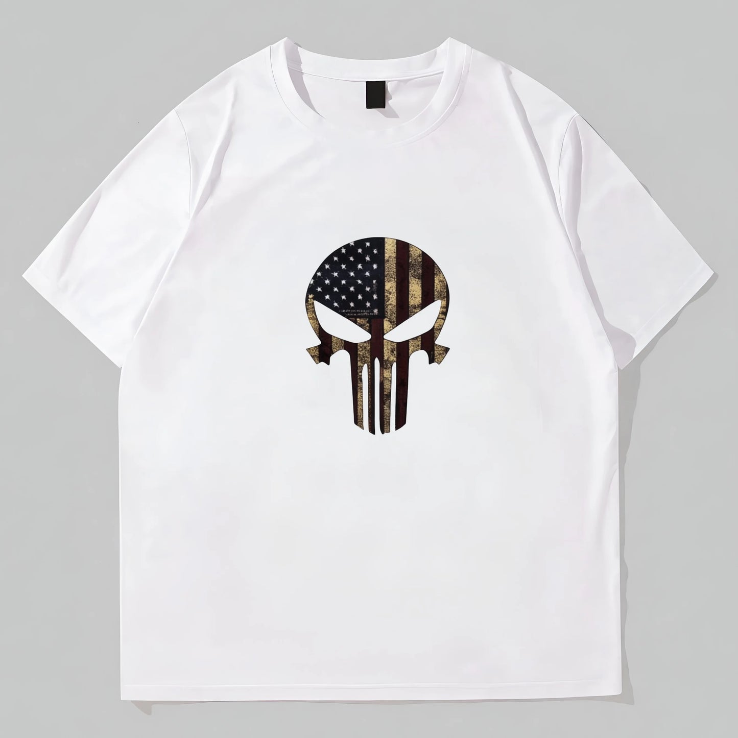 Trendy T-Shirt For Man White Short Sleeve T-Shirt with Flag Skull Print for Casual Wear