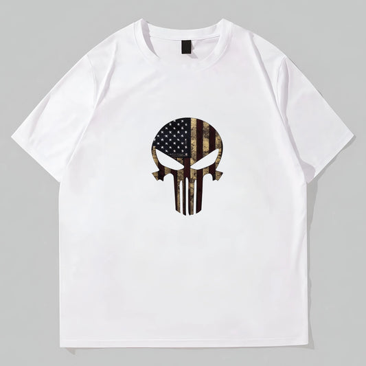 Trendy T-Shirt For Man White Short Sleeve T-Shirt with Flag Skull Print for Casual Wear