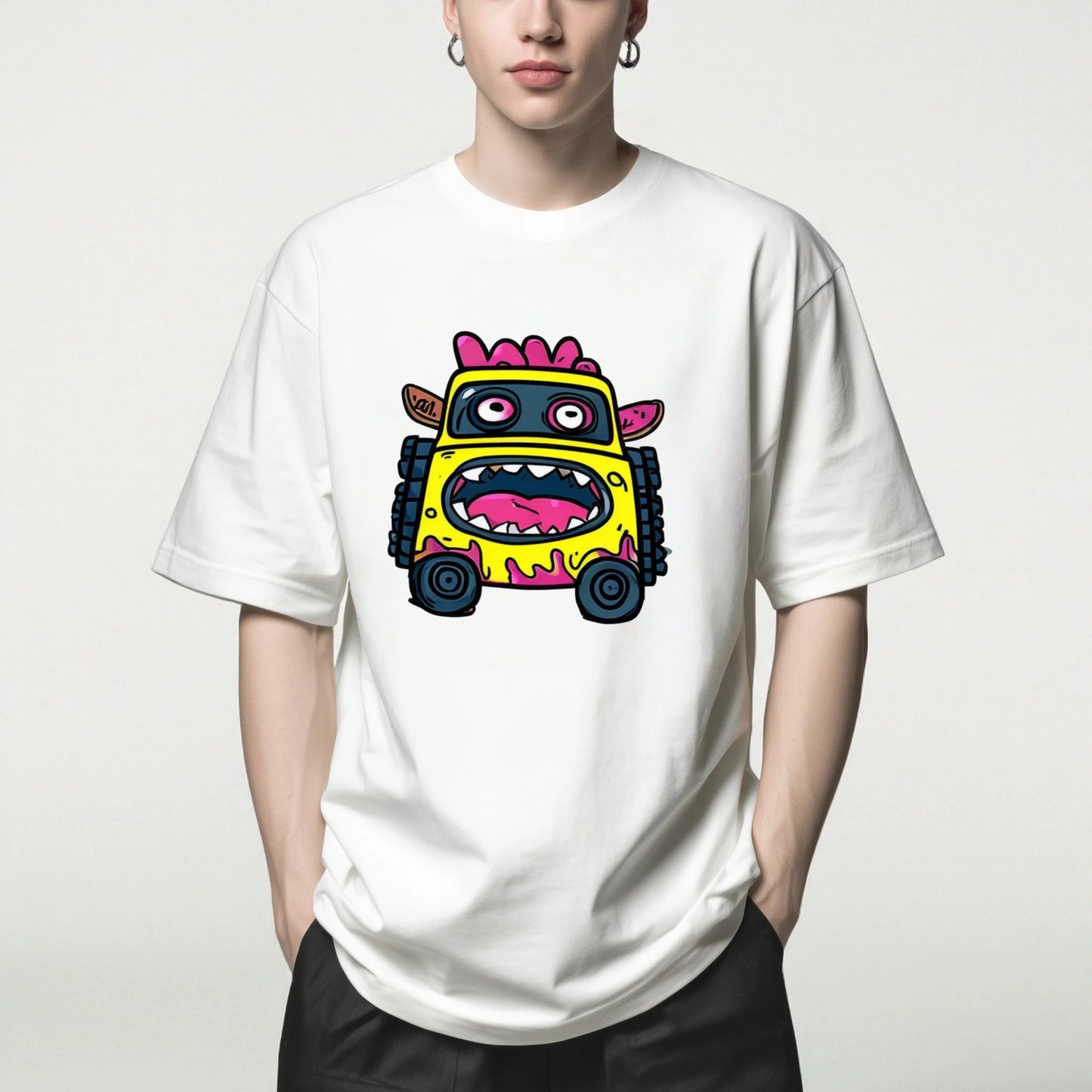 Pod Graphic Tees Crew Neck T-Shirt Cartoon Monster Car Print Casual Daily Wear