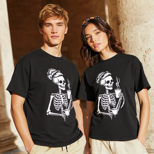 Couple T Shirts Skeleton Design with Coffee Cup Print for Casual Wear and Halloween Party Trendy Graphic Tee 2025